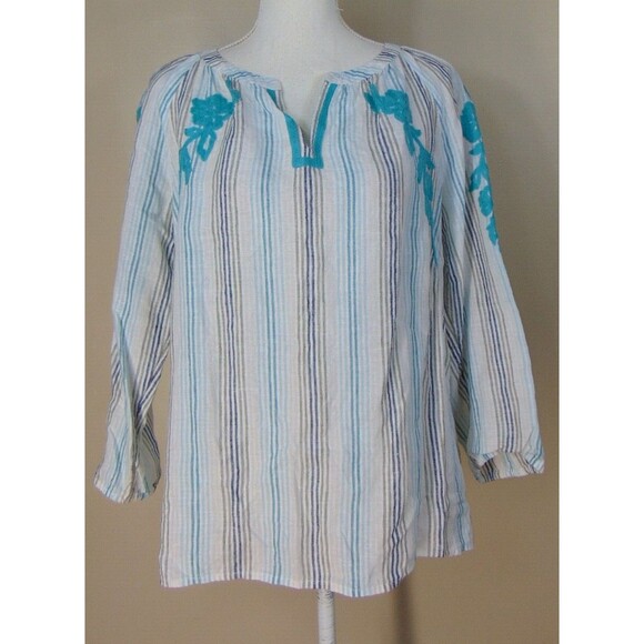 J Jill Love Linen Boho Top Womens Medium Embroidered Green 3/4 Sleeve V-Neck M - Picture 1 of 10